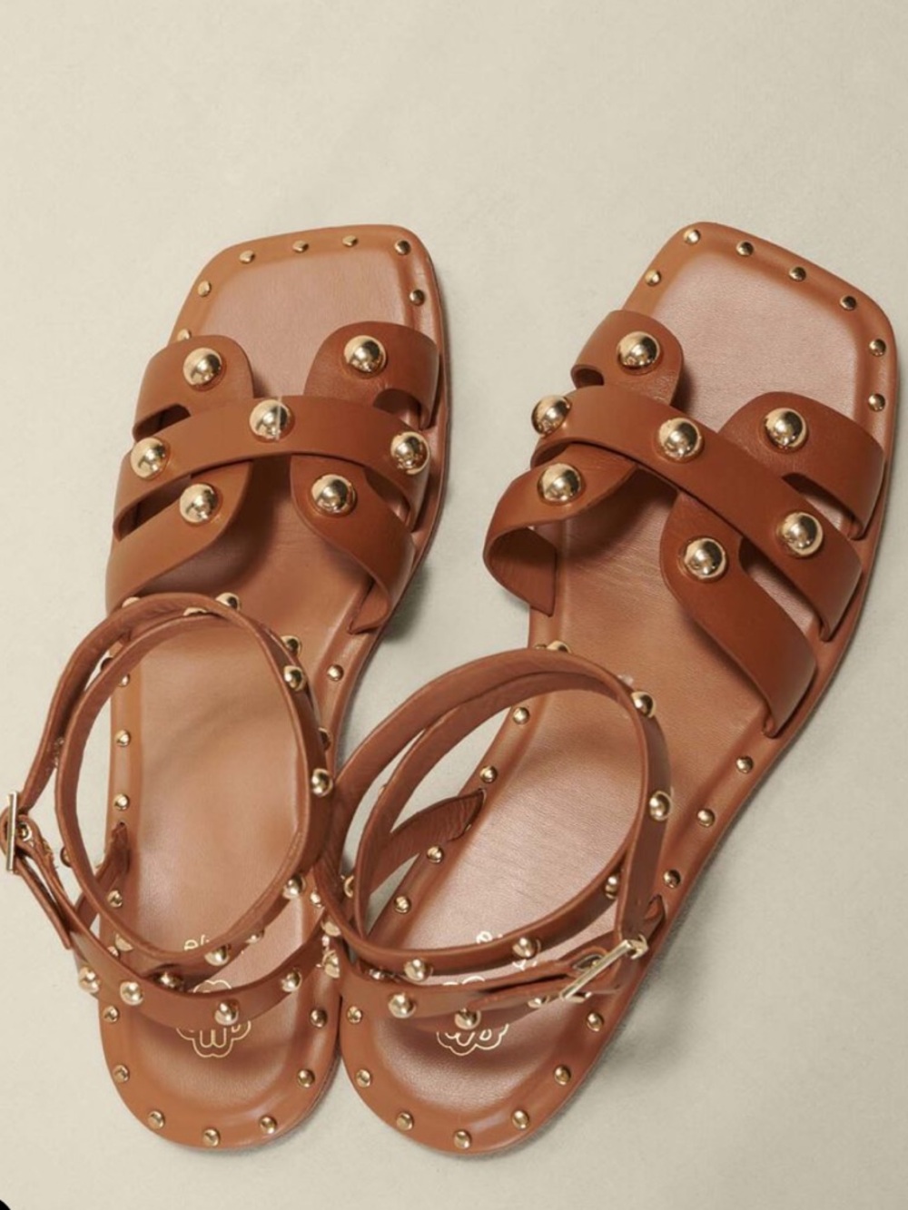 Maje Studded Leather Flat Ankle Strap Sandals Size EU 40 Tan
